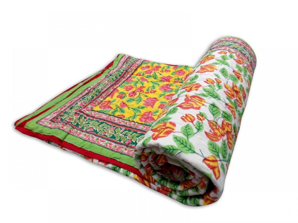 Double Bed Jaipuri Quilt / Razai Hand Block Printing Floral Design Size 90*108